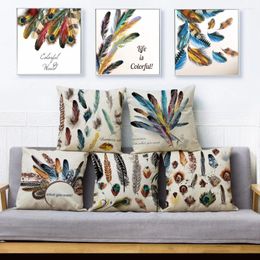 Pillow Colourful Feather Print Throw Cover 45 45cm Textile Linen Case Sofa Home Decor Pillows Cases