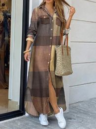 Autumn Elegant Women Maxi Shirt Dresses ZANZEA Vintage Ladies Long Sleeve Vestidos Casual Plaid Robe Longue 240512