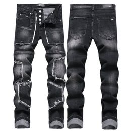 Men's Jeans European Letter AMIRIiocn Men Embroidery Patchwork Trend Brand Motorcycle Pants Mens Skinny Ripped AM3768 Size 29-38