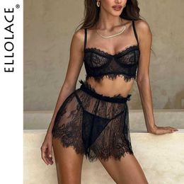 Sexy Set Ellolace Lace Lingerie See Through Exotic Sets Sissy Transparent Skirt Fantasy Outfits French Underwear Black Sex Suit Q240511