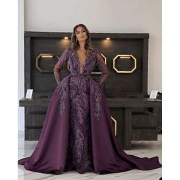 2024 fioletowe sukienki wieczorne winogron noś klejnotkę iluzję arabską syrenę koronkową kryształowe formalne sukienki na imprezę balową specjalne długie rękawy Orsarks 0513