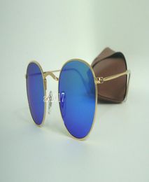 1Pair High Quality Mens Womens Round Sunglasses Eyewear Flash Mirror Sun Glasses Gold Metal Blue 50mm Glass Lenses Come With Brown3798629