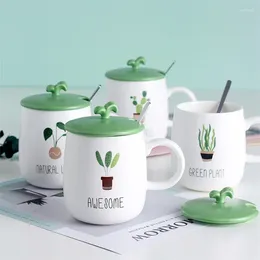 Mugs Ceramic Cartoon Green Plant Coffee Mug With Lid And Spoon Creative Porcelain Cute Household Milk Cup Office Drinking Teacup