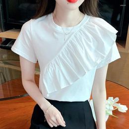 Women's Blouses Sweet Ruffles Blouse White Shirt Cotton Tops Summer 2024 Short Sleeve Round Collar Solid Colour Clothes 1009