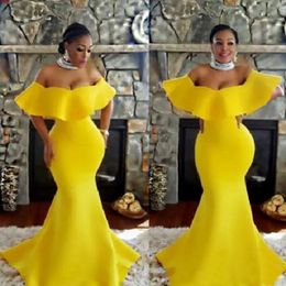 Plus Size Off Shoulder Prom Dresses Bright Yellow Mermaid Evening Gowns Saudi Arabia South African Women Formal Party Dress 2542