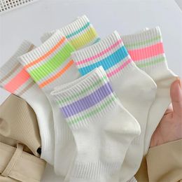 Women Socks Thin Mixed-Color Casual Striped Breathable Mesh Preppy Style Simple Trendy Basic Girls White