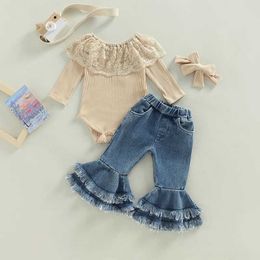 Clothing Sets 2022-10-28 Lioraitiin 0-24M childrens and girls 2PCS pants set with long sleeved round neck lace jumpsuit top denim bell bottom headbandL240513