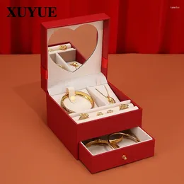 Jewellery Pouches Three-gold Box Chinese Red Bow Drawer With Mirror Dowry Gift Storage Boxes