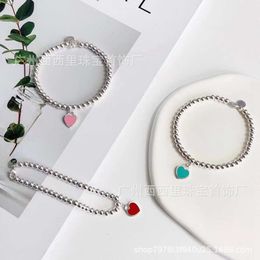 S925 Silver tiffanyjewelry heart Pendants Sterling Red Blue Enamel Love Bracelet Female Round Buddha Bead Peach Bracelet Live Broadcast Bracelet