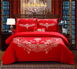 Bedding Sets Cotton Jacquard Colourful Embroidery Duvet Cover Pillowcases Red Ruffle Flat Sheet Marriage Bed Quilt For Love Wedding