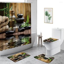 Shower Curtains Zen Curtain Bamboo Black Stone Tower Floral Bathroom Decoration Set Non-Slip Carpet Toilet Cover Bathtub Screen With Hook