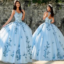 2023 Sky Blue Quinceanera Dresses Appliques Beads Scoop Neck Princess Ball Gown Sweet 16 Tulle Princess Prom Dress Party Gowns 201Q