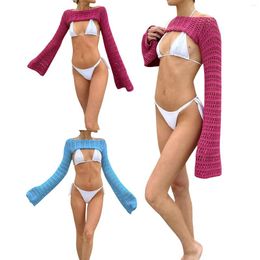 Women Summer Mesh Crochet Crop Tops Long Sleeve Hollow-Out Cropped Knit Sweater Bikini Beach See-Through Cover Ups