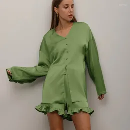 Home Clothing Green Artificial Silk Comfortable Soft Long Sleeve Nightgown Casual Shorts Two-Piece Set Autumn And Winter Cross-Border