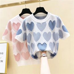 Women's T Shirts Plus Size Summer Short Sleeve Love Jacquard Knitted Tops O-Neck Korean Beaded Pearl T-shirt Elegant Knitwear Tees V15