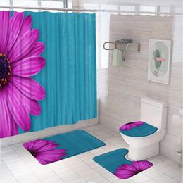 Shower Curtains Purple Floral Daisy Curtain Sets Flowers Wildflower Wooden Board Bathroom Non-Slip Bath Mat Rug Lid Toilet Cover