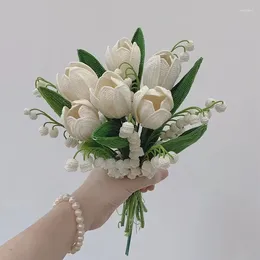 Decorative Flowers Hand-knitted Lily Of The Valley Tulip Bouquet Finished Bellflower Wedding Bridal Gift Hand Held Eternal For Girlfriend