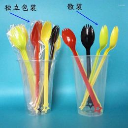 Disposable Flatware Birthday Party Plastic Colour Cake Ice Cream Coffee Long Handle Spork Fork Spoon Independent Packing 100pc/lot