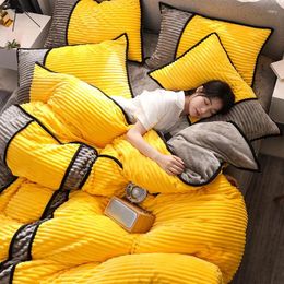 Bedding Sets Winter Thickened Magic Coral Velvet Four Piece Set Milk Down Quilt Cover Flannel Sheet 1.8m Big Bed Warm Yellow