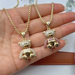 Fashion Cute CZ Crystal Teddy Bear Necklaces For Women Copper Gold Plated Heart Animal Jewelry Gifts 240511