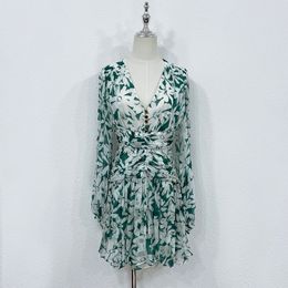 womens dress green floral printed long sleeved v-neck gathered waist mini dress