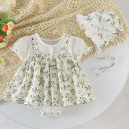 Rompers Summer baby girl jumpsuit+hat short sleeved cotton printed patchwork newborn baby girl tight fitting clothes baby girl clothingL2405