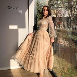 Casual Dresses Ladies Champagne Long Sleeve Prom Dress Formal Party Evening Elegant Lace Applique A-Line Muslim