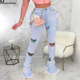 Women's Jeans Butterfly Embroidery Denim Flare Pants Women High Waist Skinny Wide Leg Trousers Ladies Casual Bell Bottom