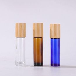 10ml Glass Essential Oil Bottles Clear Blue Amber Roll On Oil Bottle with Bamboo Lid Stainless Steel Roller Ball Nflre Wsuls