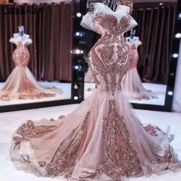 One pcs 2022 New rose gold mermaid evening dresses long sparkly sequin applique beaded fishtail prom gown robe de soiree 2899