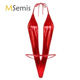 Women's Swimwear Womens Lingerie Micro Bikini Shiny Metallic Patent Leather Bodysuit Swimsuit Halter Neck Lace-up Leotard Swimming Suit