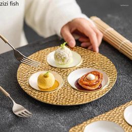 Plates Gold-plated Creative Wood Grain Ceramic Multi Grid Dessert Plate Snack Sushi Molecular Cuisine Specialty Tableware
