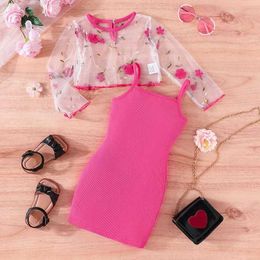 Clothing Sets Kid Girl 2-7 Years old Long Sleeve Top Floral embroidery mesh Suspenders Skirt Princess Dresses Summer Outfit Clothing SetL2405