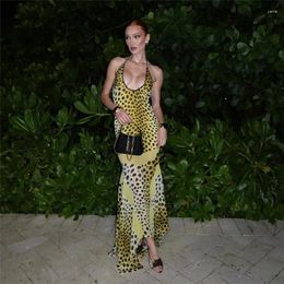 Casual Dresses Leopard Print Women Sexy Halter Long Dress V-neck Lace Up Backless Patchwork Bodycon Maxi Club Party Outfits