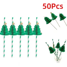 Forks 50Pcs Christmas Fruit Sticks Straw Disposable Xmas Tree Style For Cocktail Dessert Drinking Wedding Party Decoration