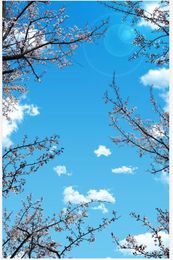 Wallpapers Custom Murals 3D Ceilings Beautiful Cherry Blossom Blue Sky White Clouds Sun Ceiling Mural