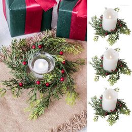 Decorative Flowers Pine Needle Candlestick Wreath For Christmas Table Decoration Artificial Leaves Candle Ring Garland Home Decor