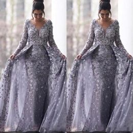 2020 Saudi Arabic Grey Muslim Evening Dresses 2020 Mermaid V-neck Long Sleeves Tulle Lace Islamic Dubai Long Formal Evening Gown 254K