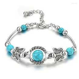 Charm Bracelets Vintage Jewelry Natural Turquoise Women Girl Butterfly Bracelet Chain Beads & Bangle Wedding Gift