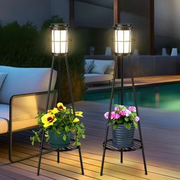 VISFLAIR 2-piece Strip with Plant Bracket, Floor Lamp, Waterproof Solar Outdoor Light Flower Rack Suitable for Porch Deck, Courtyard Garden Decoration