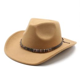 Black Jazz Hat Women Retro Performance Belt Woollen Hat Felt Western Cowboy Hat Men's Travel Hat Autumn Winter Cap