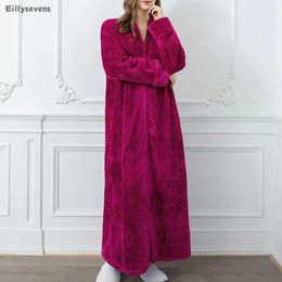 Home Clothing Women's Long Nightgown Rose Red Elegant Sexy Nightwear Zipper Fleece Robe Warm Loose Flannel Bathrobe Plus Ensembles Pyjama
