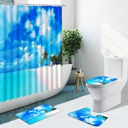 Shower Curtains 3D Sea Beach Curtain Heart-Shaped Reef Seascape Bathroom Set Bathing Screen Anti-Slip Toilet Cover Carpet Bath Mat Decor