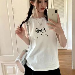 Women's T Shirts Pure Cotton White Lace Sleeveless T-shirts Retro Bow Knot Print Sweet Women Loose Summer Tops Korean Brand Streetwear