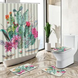 Shower Curtains Tropical Cactus Succulent Print Summer Bathroom Curtain Set Green Plant Flower Feather Non-Slip Pedestal Rug Toilet Cover