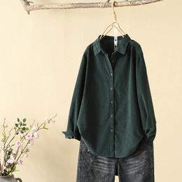 Women's Blouses Autumn Winter Thick Corduroy Dark Green Solid Shirts Button Casual Fashion Straight Simplicity Clothing