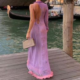 90s vintage crochet deep V-back mermaid dress elegant womens one sleeved asymmetrical long dress fashionable womens ball dress vest 240428