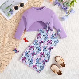 Clothing Sets Clothing Set For Kid Girl 2-7 Years old Long Sleeve Top Cartoon Butterfly Print Suspenders Skirt Princess Dresses Summer OutfitL2405L2405