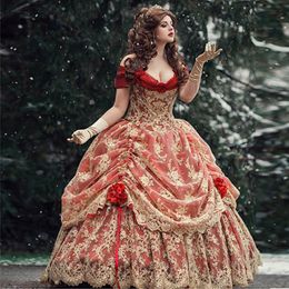 Gothic Red Gold Ball Gown Prom Dress 2021Off Shoulder Medieval Victorian Quinceanera Dress Corset Renaissance Evening Gowns Custom Made 258v