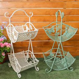 Kitchen Storage Wrought Iron Two Level Antique Fruit Stand Baskets Flower Planter Rack With Butterfly Design 70cm Height